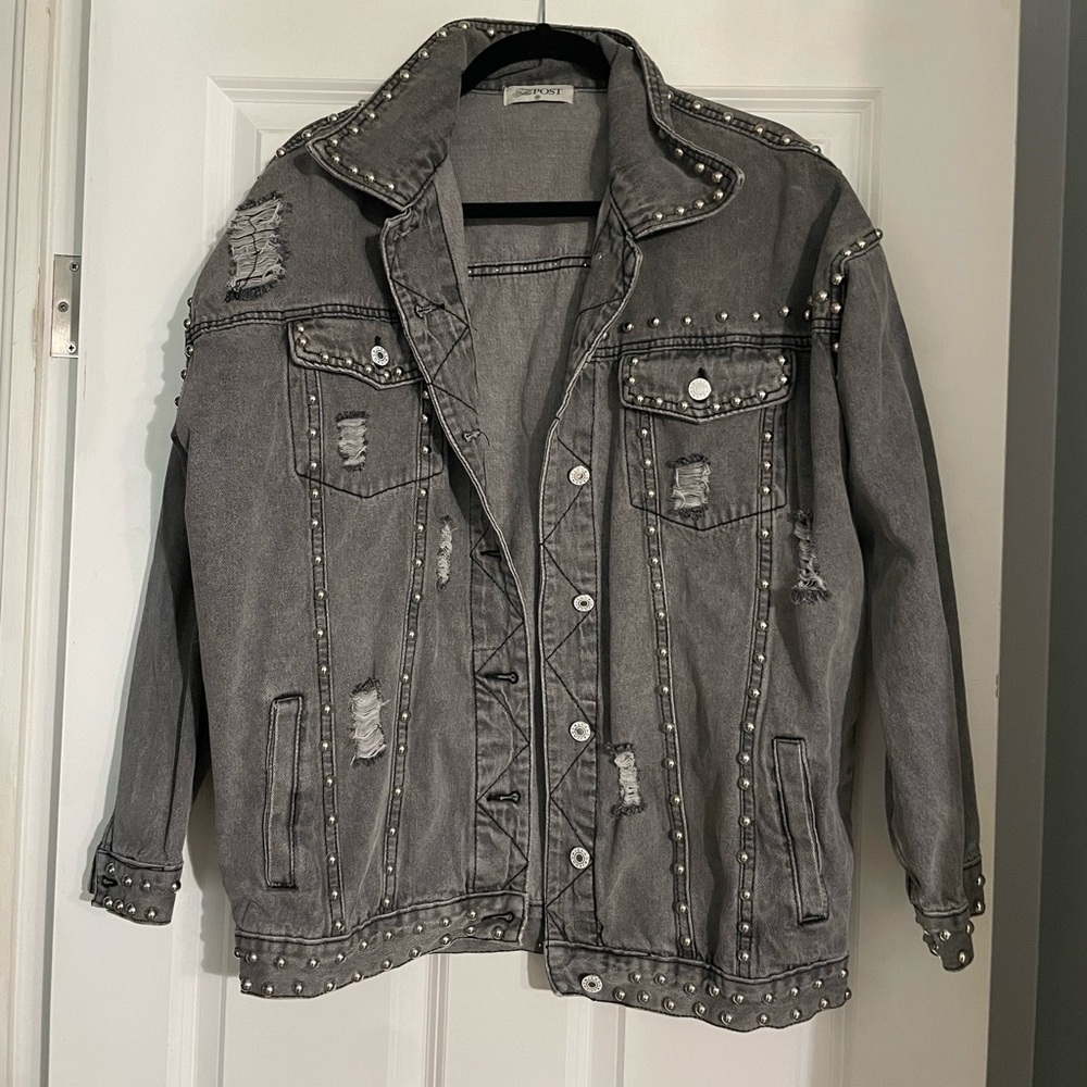 Studded Washed Black Denim Oversized Jacket